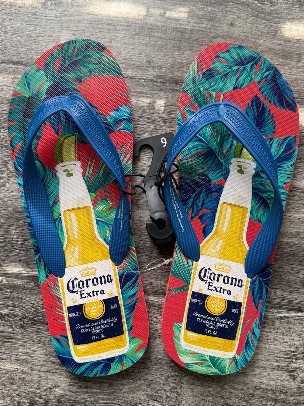 Corona Tropical Red Flip Flops with Blue Straps